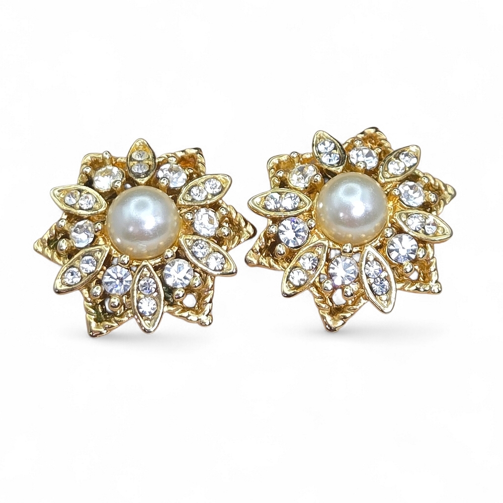 Vintage Pearl Rhinestone Sunflower Post Earrings
